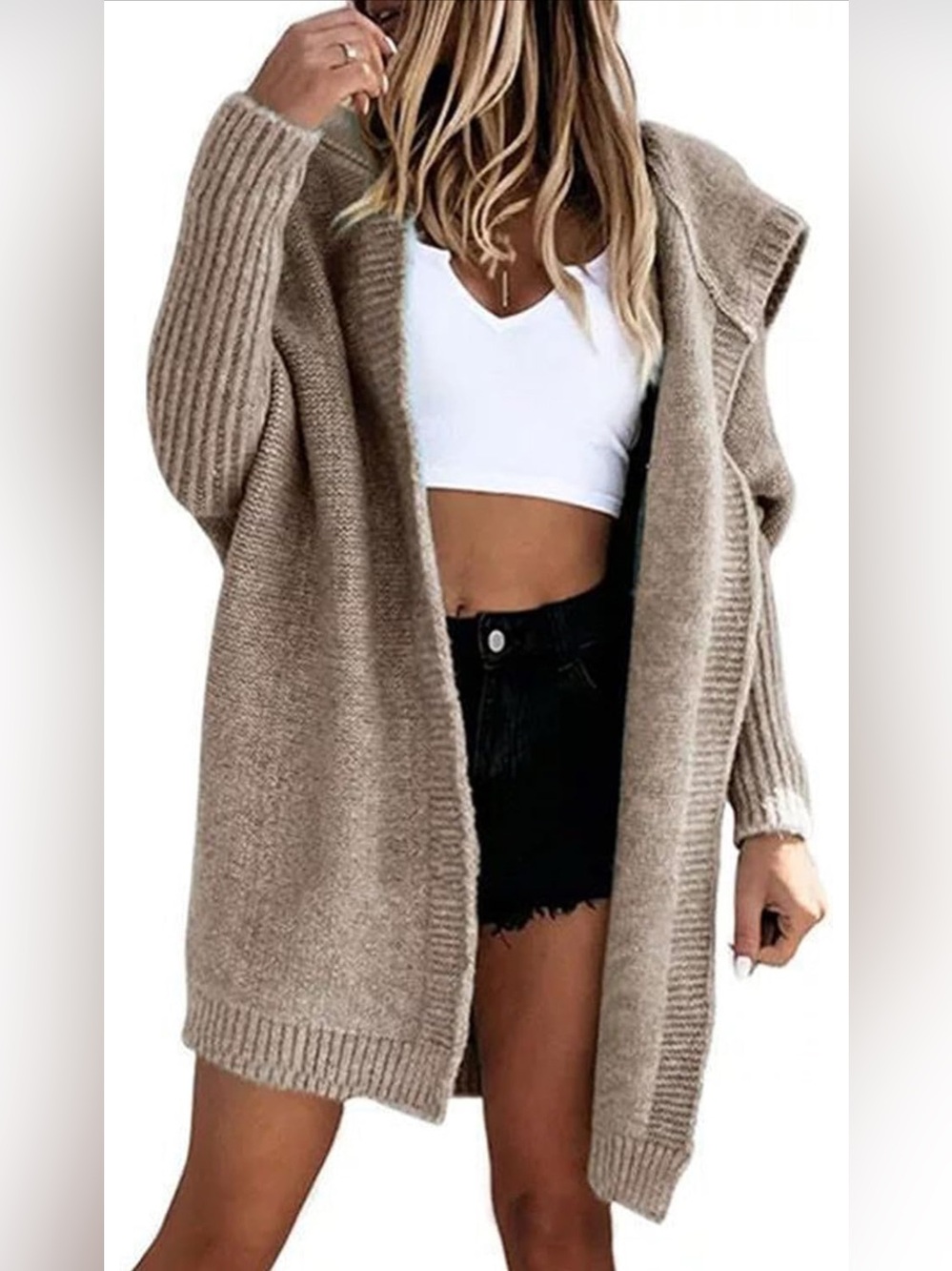 Open-Front Hooded Knit Cardigan Sweater - Taupe